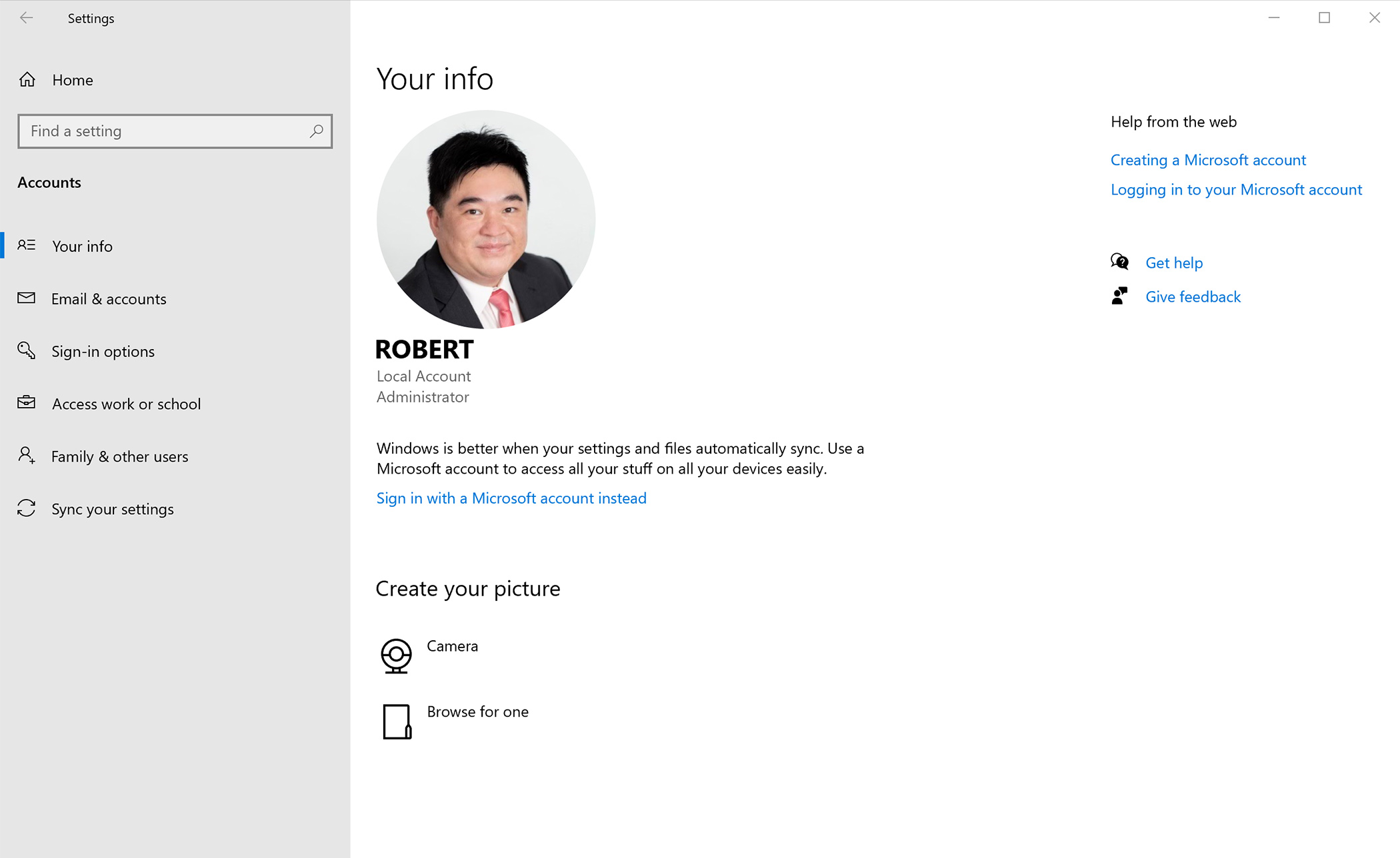 how to change user info in windows 10